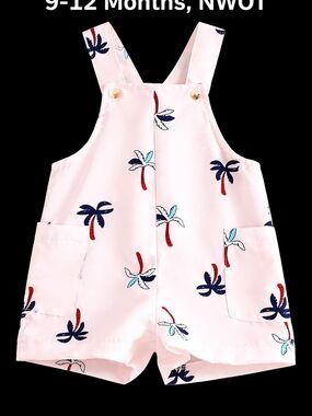 NWOT 9-12 MONTHS Baby Off White (Apricot) Palm-Print Shortall Romper